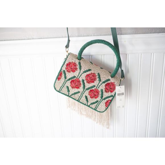 Anthropologie Beaded Fringe Floral Top-Handle Bag - Picture 4 of 5